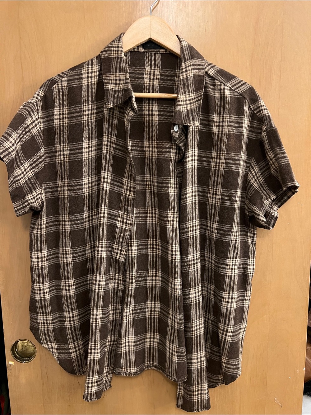 SHEIN Brown and Cream Plaid Short-Sleeve Button-Down Shirt